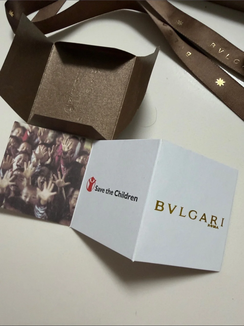 BVLGARI Rose Gold Jewelry Box with Ribbon/ save the children card and envelope